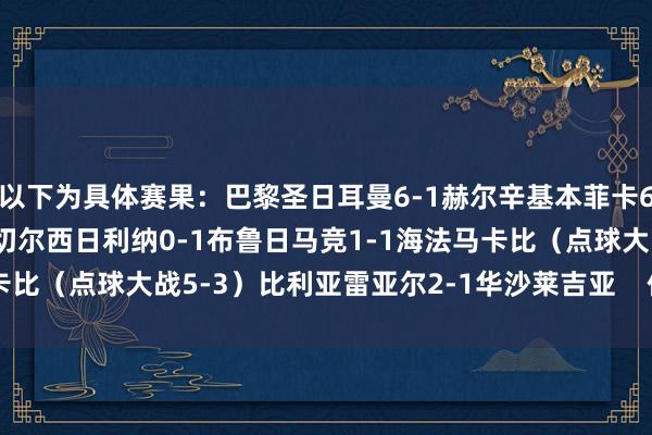 以下为具体赛果：巴黎圣日耳曼6-1赫尔辛基本菲卡6-2阿尔克马尔皇马1-0切尔西日利纳0-1布鲁日马竞1-1海法马卡比（点球大战5-3）比利亚雷亚尔2-1华沙莱吉亚    体育录像/图片
